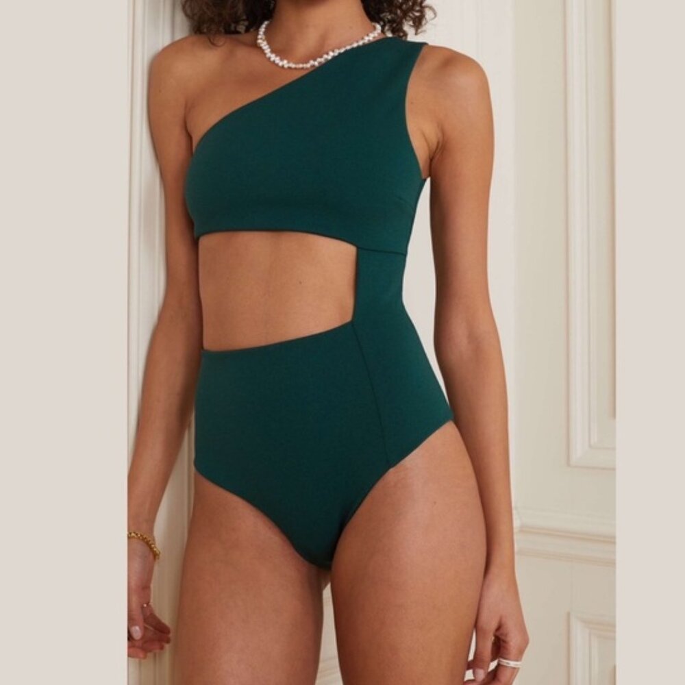 Haight Mika Crepe Cut Out One Shoulder One Piece Swimsuit Pine Green L